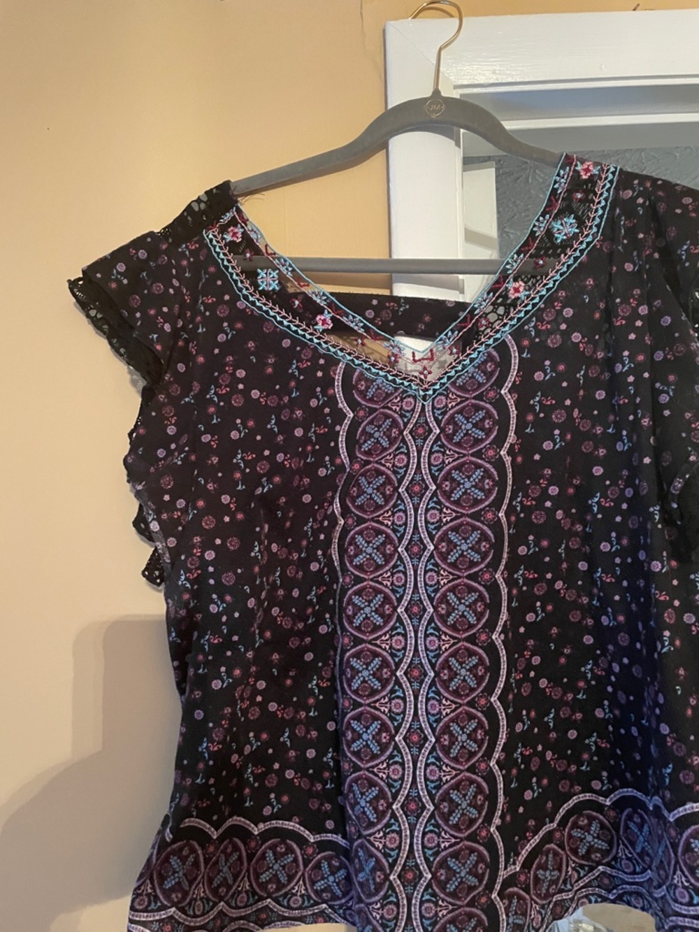 Boho Embroidered V‑Neck Women's Top in Black and Purple